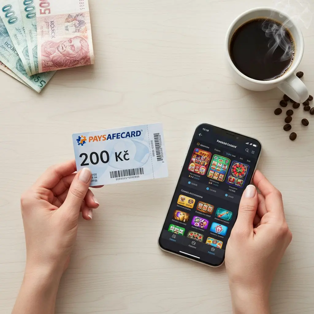 Ruce drží Paysafecard 200 Kč u mobilu s českým online kasinem, plochý pohled